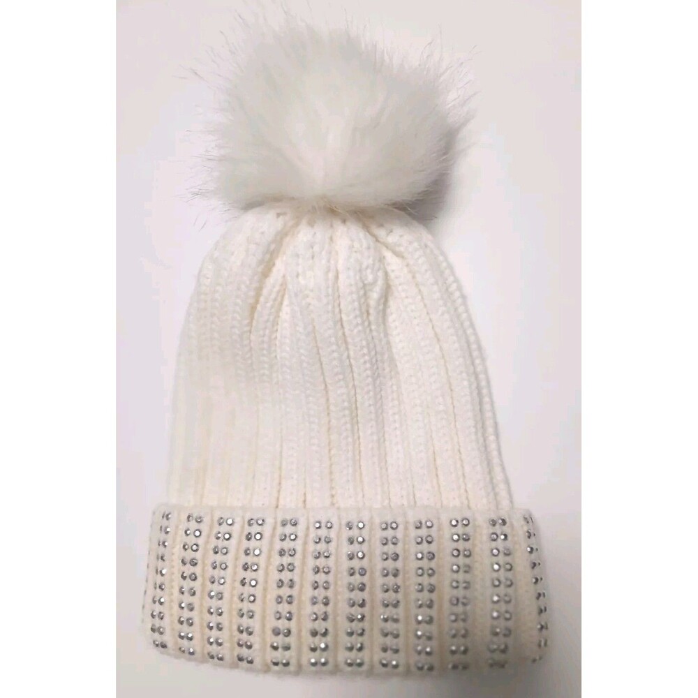 Mixit Women’s Fur Pom Beanie Cable Knit Ivory/ Cream Bling/ Sparkly